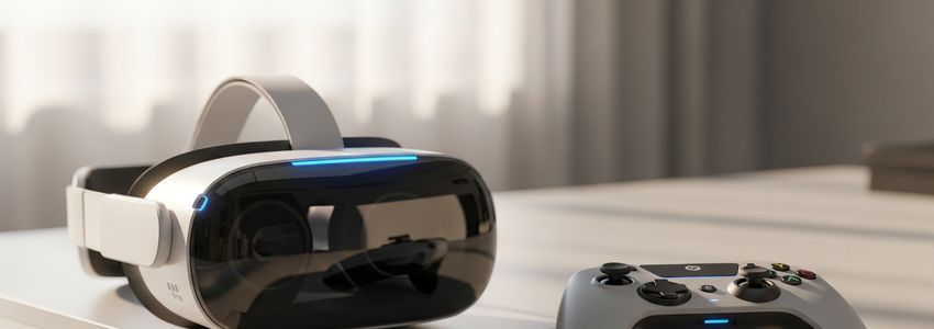 VR arcade financing - immersive virtual reality gaming station with player wearing VR headset in modern entertainment venue