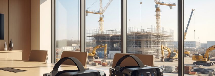 Business professional using virtual reality headset to evaluate industrial equipment in an office setting
