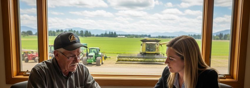 Washington State farmer and financial advisor reviewing agricultural loan options at a farm office with fields visible through the window