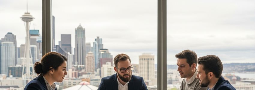 Washington State tech founders reviewing SBA loan documents with Seattle skyline in background