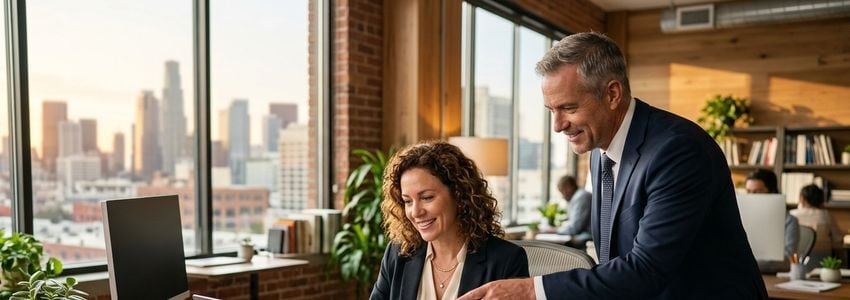 Small business owner and HR manager reviewing a wage and hour settlement agreement and financing options with an advisor in a modern office