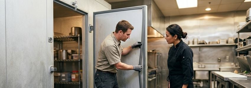 Restaurant owner and refrigeration technician inspecting a walk-in cooler door seal in a commercial kitchen