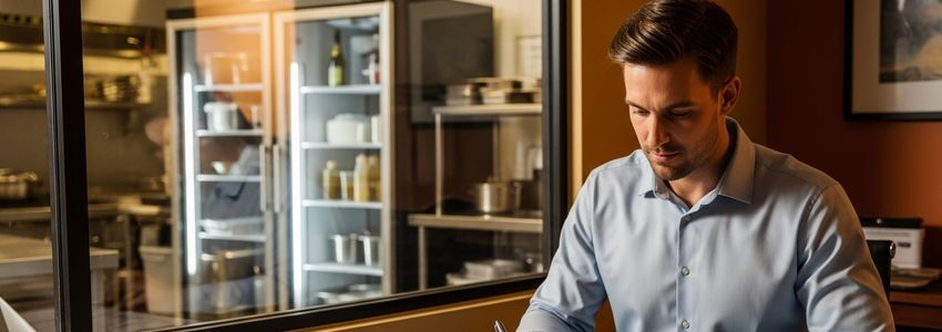 Restaurant manager reviewing walk-in cooler equipment financing documents in a commercial kitchen setting