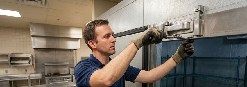 Commercial refrigeration technician repairing a walk-in freezer door hinge and gasket in a restaurant kitchen