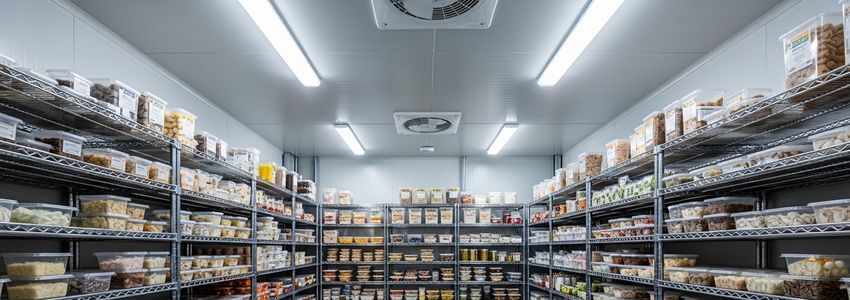 Interior of a commercial walk-in freezer with organized stainless steel shelving and food products - walk-in freezer financing for business