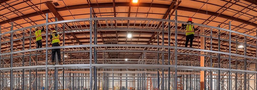 Workers installing pallet racking systems during a warehouse build-out renovation project