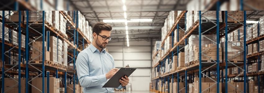 warehouse manager reviewing financing documents at a modern distribution center