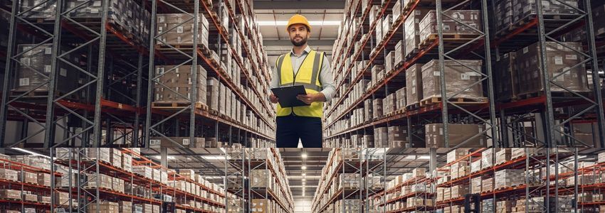 Warehouse manager reviewing financing options at a modern distribution center