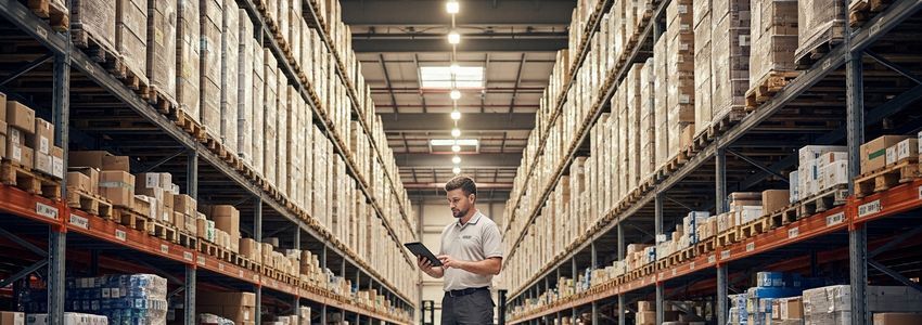 Warehouse operations manager reviewing equipment financing documents in a distribution center with tall pallet racking in the background