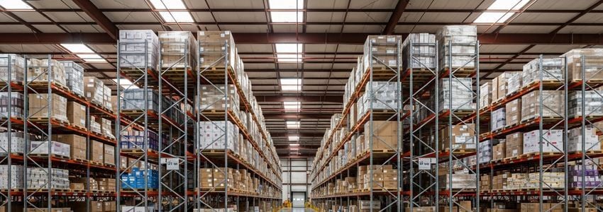 Modern warehouse interior with tall metal racking and palletized inventory, showing scale of warehouse expansion