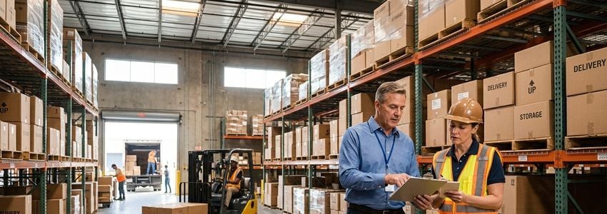 Warehouse manager and logistics staff reviewing relocation plans and inventory records inside a distribution facility