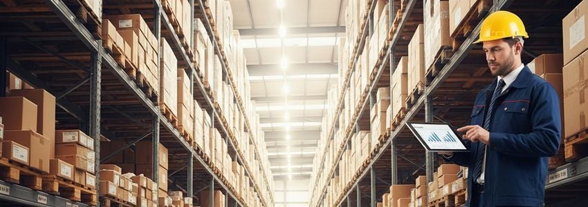 Warehouse manager reviewing financing options at a large distribution facility