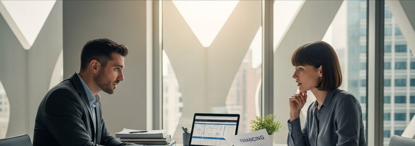 Business professionals reviewing warehouse loan financing documents in a modern office setting