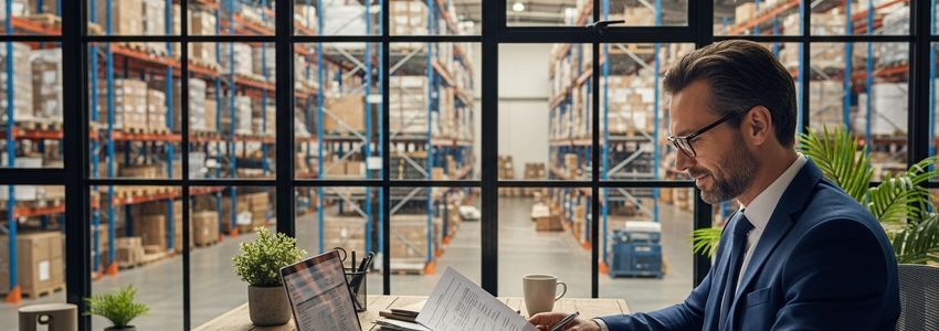 Warehouse business owner reviewing loan documents at desk inside distribution facility