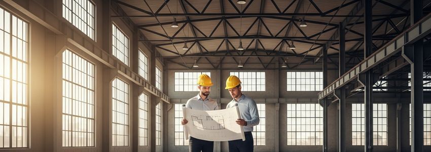 Business owner reviewing warehouse conversion plans with architectural blueprints