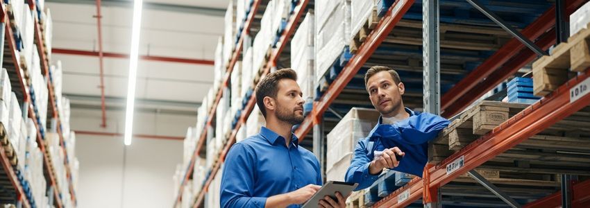 Warehouse manager reviewing inventory on industrial pallet racking system
