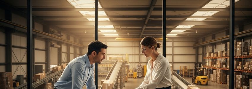 Business professionals reviewing warehouse equipment financing options with warehouse floor visible in background