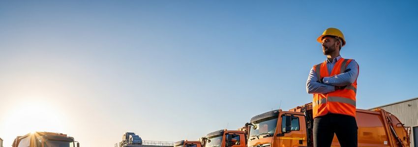 Waste management business owner reviewing financing options with garbage truck fleet in background