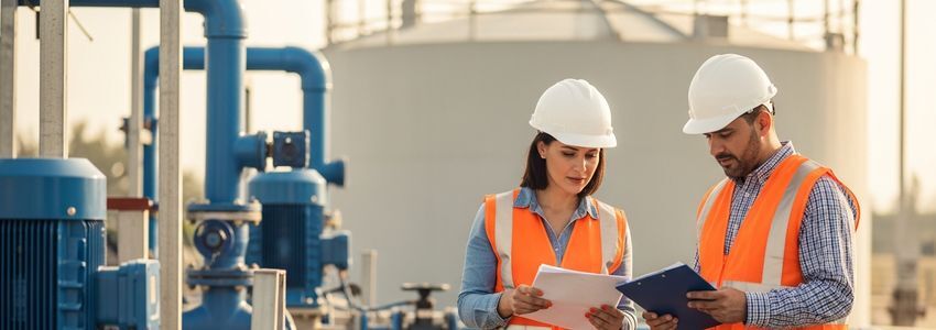 Environmental professionals reviewing wastewater treatment equipment financing documents at an industrial facility