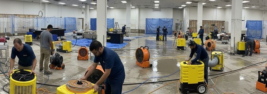 Water damage restoration crew deploying industrial drying equipment