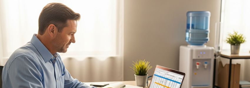 Water delivery business owner reviewing loan financing documents at office desk
