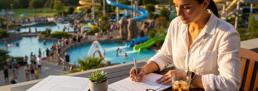 Water park business owner reviewing financing options and loan documents