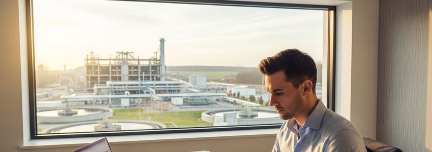 Water purification business owner reviewing financing options at their facility