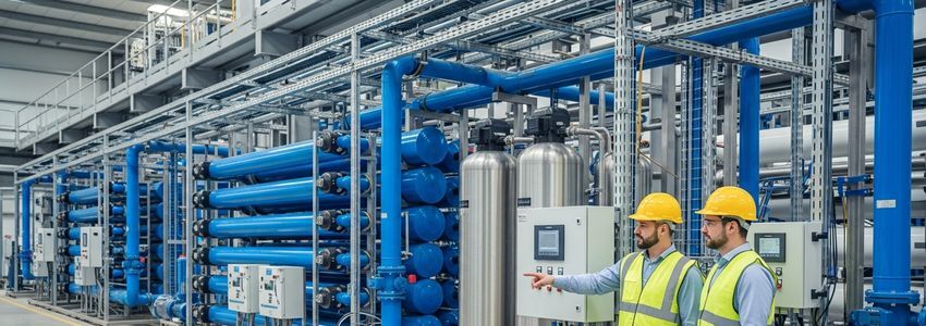 Water treatment engineers reviewing filtration equipment at a commercial water purification facility