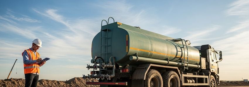 Construction site manager reviewing water truck financing documents beside a water tanker at a job site