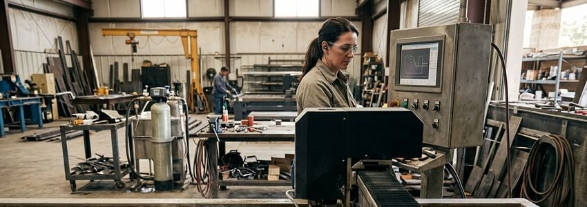 Machinist operating an industrial waterjet cutting machine financed through equipment financing in a metal fabrication shop