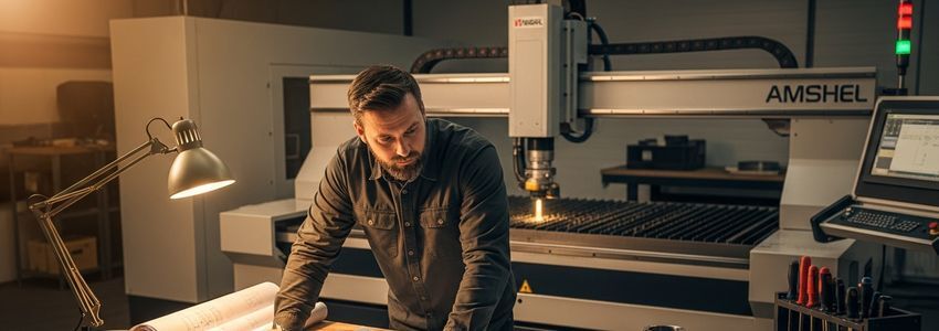 Small business owner reviewing plans in a waterjet cutting facility
