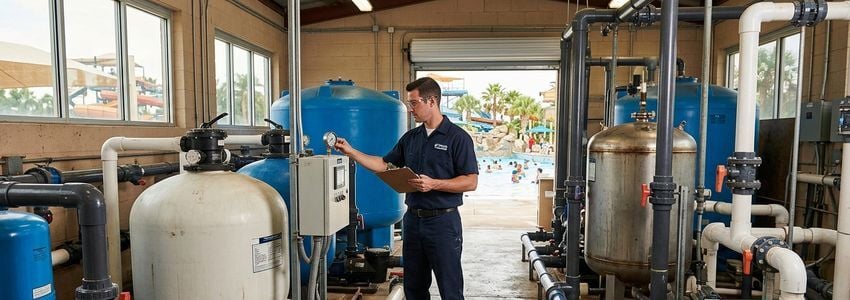 Water park maintenance staff inspecting slide and filtration equipment at a commercial water attraction