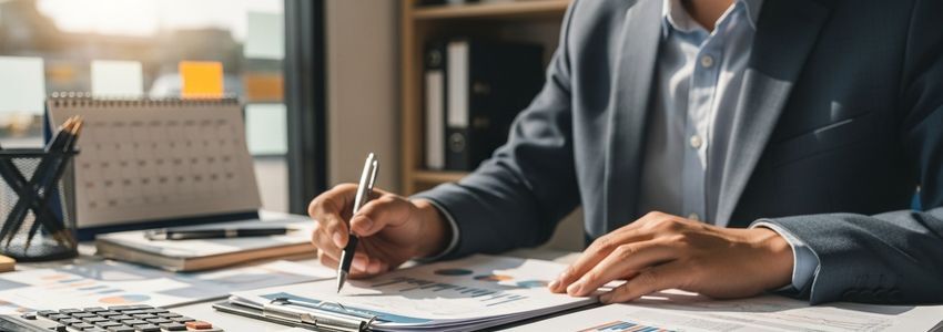 Convenience store owner reviewing business financing documents