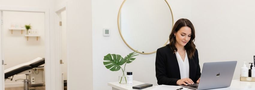 Waxing salon owner reviewing financing options at the front desk of a professional waxing studio