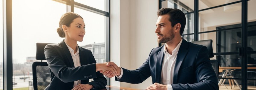 Business professional reviewing franchise loan documents at a desk with financial advisor in a modern office