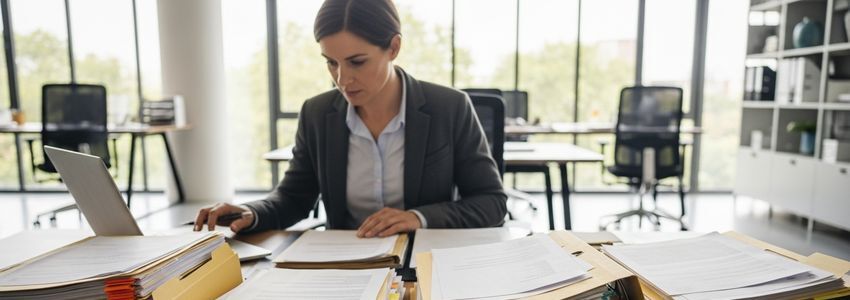 Business owner reviewing hiring paperwork and working capital financing documents at office desk