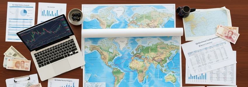 International business planning documents, world map and financial charts for working capital loan strategy