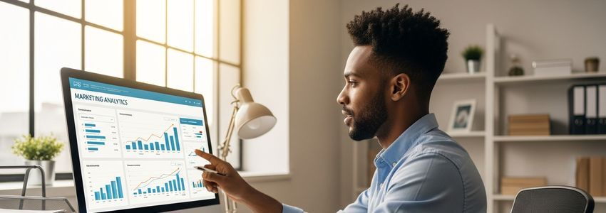 Business owner reviewing marketing analytics dashboard with working capital loan funding strategies