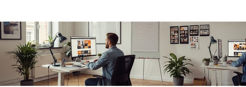 Web design agency owner reviewing loan options at a modern creative studio