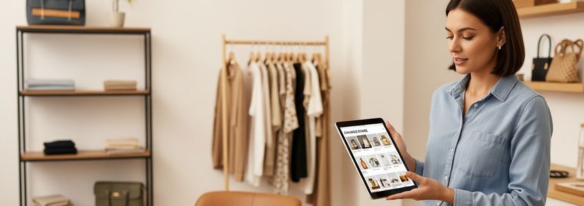 Small business owner reviewing their online store on a tablet in a modern retail space
