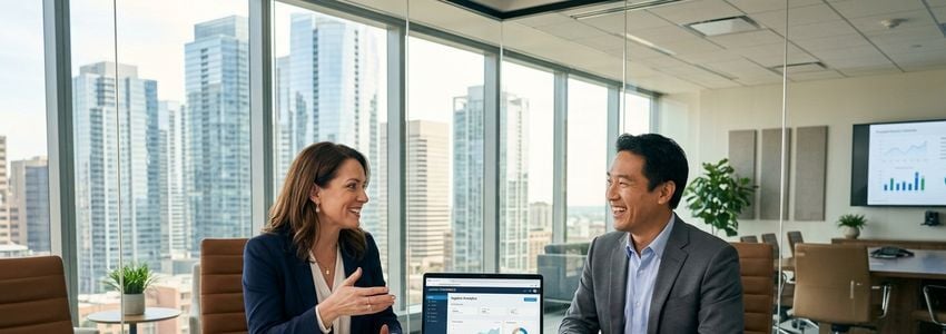 Two business professionals reviewing website acquisition documents and analytics in a modern conference room