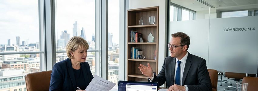 Business owner reviewing website acquisition financing documents with a lender