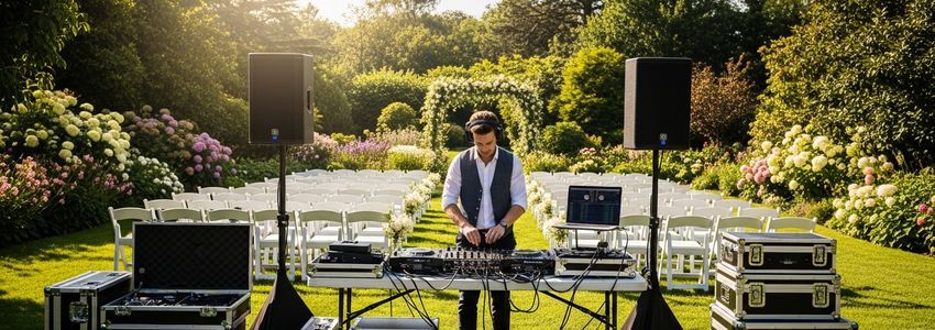 Mobile DJ setting up audio equipment at an outdoor wedding ceremony