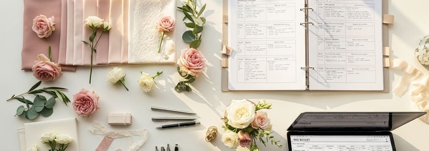 Wedding planner workspace with planning binder, fabric swatches, and floral samples for an upcoming event