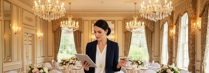 Wedding venue manager reviewing event plans in an elegantly decorated reception hall