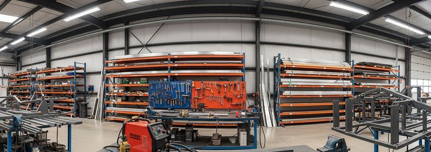 Professional welding equipment and fabrication tools in an industrial workshop