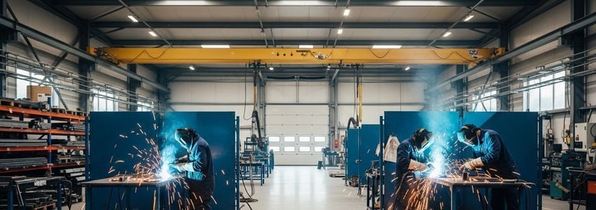 Welding business owner reviewing equipment financing options in an industrial workshop