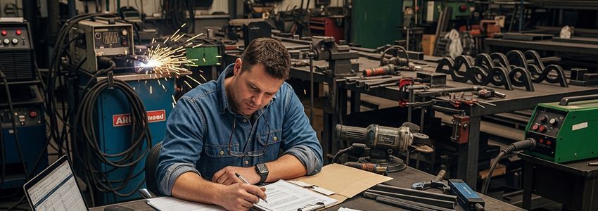 Welding shop owner reviewing business financing documents with welding equipment visible in background