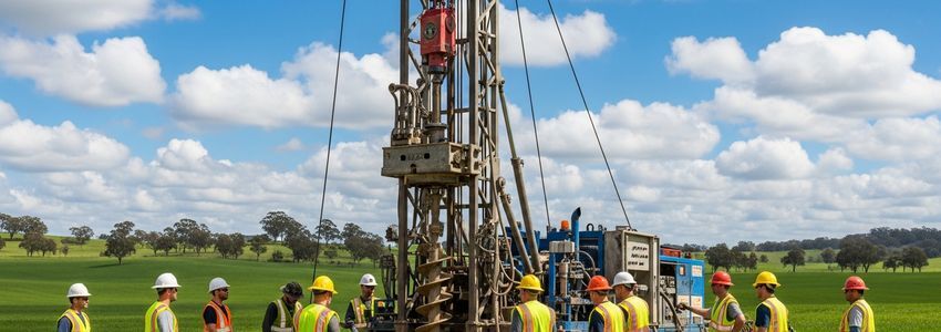 Water well drilling crew working at an outdoor job site with drilling equipment
