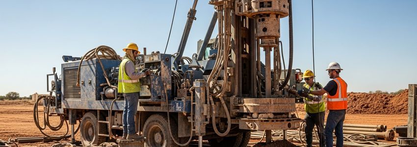 Well drilling crew operating equipment at an active job site